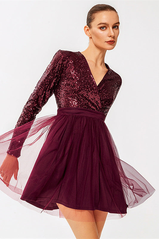 Burgundy Sequins Surplice Long Sleeves Tulle Homecoming Dress