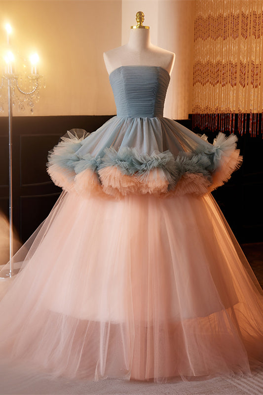 Dusty Blue and Pink Strapless Ruffle Layers Tulle Long Prom Dress