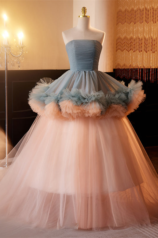 Dusty Blue and Pink Strapless Ruffle Layers Tulle Long Prom Dress Dusty Blue and Pink / US 10 Dusty Blue and Pink Strapless Ruffle Layers Tulle Long Prom Dress Dusty Blue and Pink / US 10