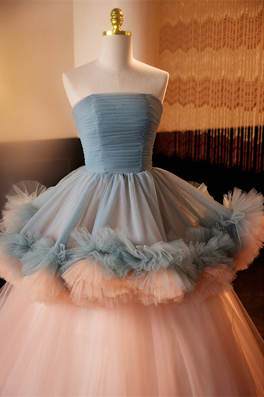 Dusty Blue and Pink Strapless Ruffle Layers Tulle Long Prom Dress