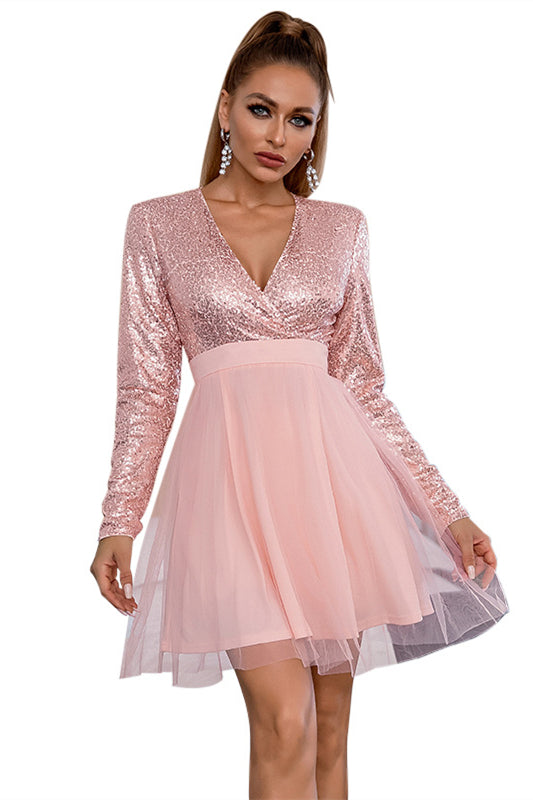 Pink Sequins Surplice Long Sleeves Tulle Homecoming Dress