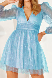 Blue Beaded Illusion Long Sleeves V Neck Tulle Homecoming Dress