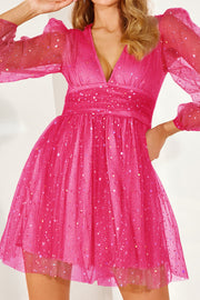Hot Pink Beaded Illusion Long Sleeves V Neck Tulle Homecoming Dress