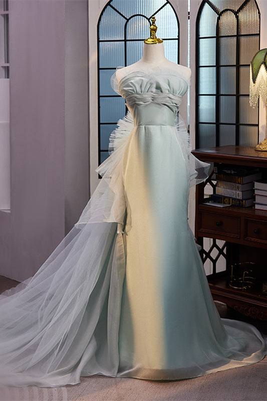 Light Green Mermaid Strapless Floral Empire Long Prom Dress with Train | Joyofdress Light Green Mermaid Strapless Floral Empire Long Prom Dress with Train | Joyofdress