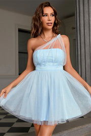 Light Blue Beaded One Shoulder Strap Tulle Homecoming Dress