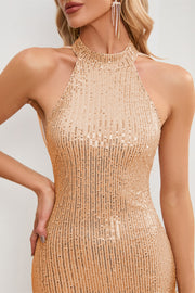 Champagne Sequins Halter Sheath Straps Homecoming Dress