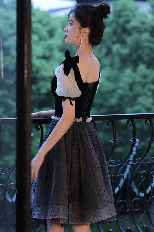 Black Lace-Up Dot Tulle Homecoming Dress