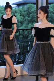 Black Lace-Up Dot Tulle Homecoming Dress