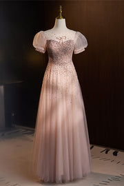 Dusty Pink Puff Sleeves Sequined Lace-Up A-line Long Prom Dress