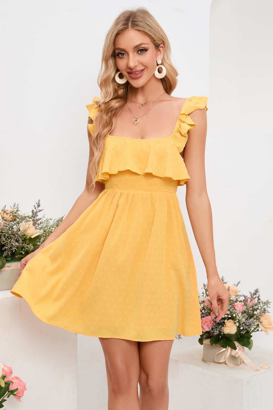Yellow Flutter Sleeves Square Neck Bow Tie Homecoming Dress