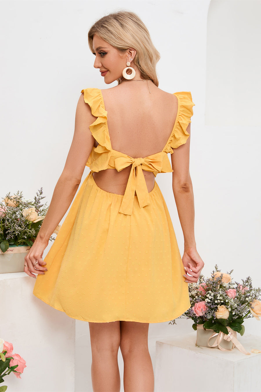 Yellow Flutter Sleeves Square Neck Bow Tie Homecoming Dress Yellow / US 12 Yellow Flutter Sleeves Square Neck Bow Tie Homecoming Dress Yellow / US 12