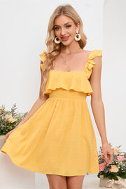 Yellow Flutter Sleeves Square Neck Bow Tie Homecoming Dress