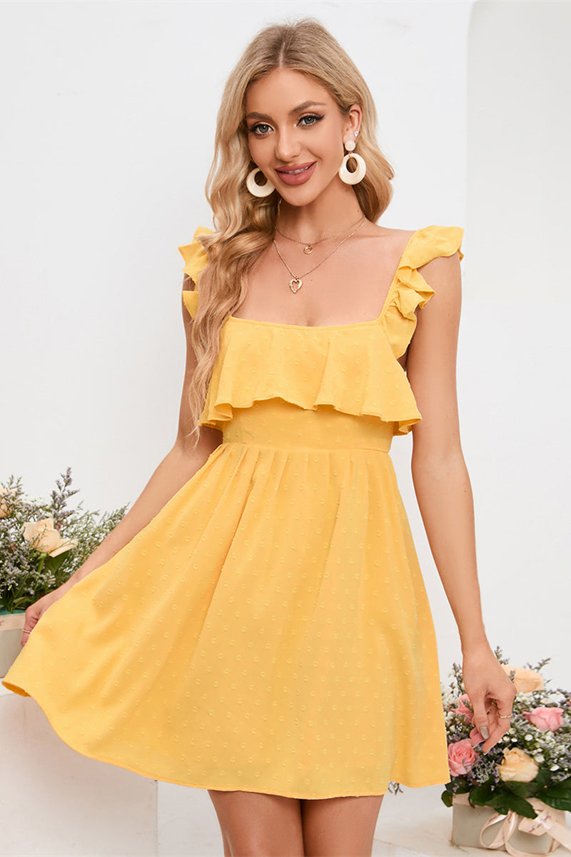 Yellow Flutter Sleeves Square Neck Bow Tie Homecoming Dress Yellow / US 12 Yellow Flutter Sleeves Square Neck Bow Tie Homecoming Dress Yellow / US 12