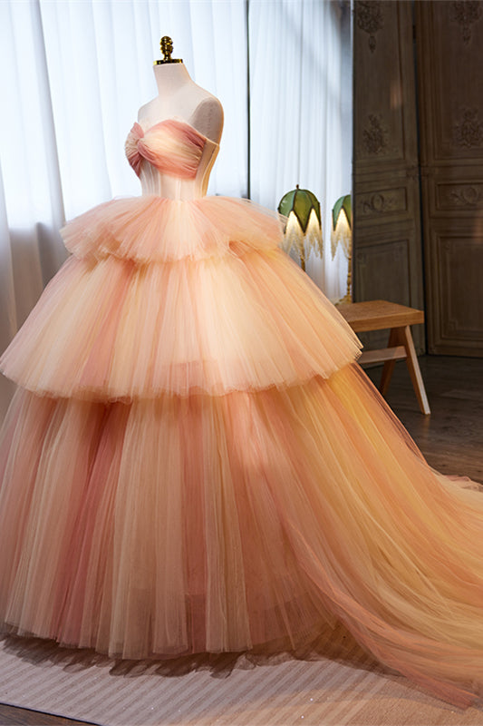 Light Orange Strapless A-line Multi-Layers Long Prom Dress
