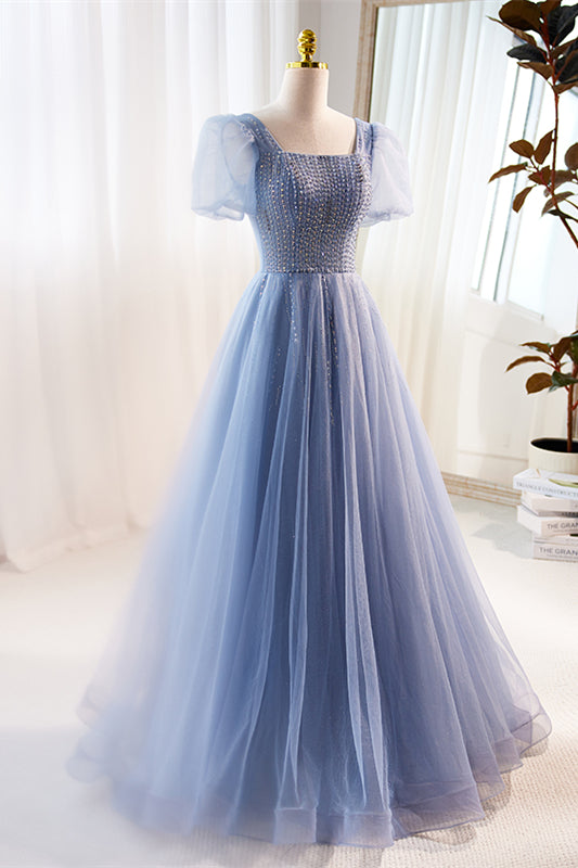 Blue Beaded Puff Sleeves A-line Tulle Long Prom Dress