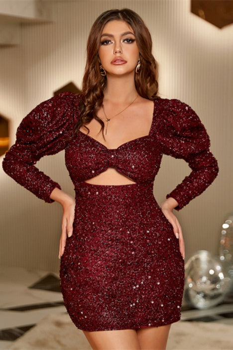 Hot Pink Sequins Bow Bust Long Sleeves Cut-Out Homecoming Dress Burgundy / US 12