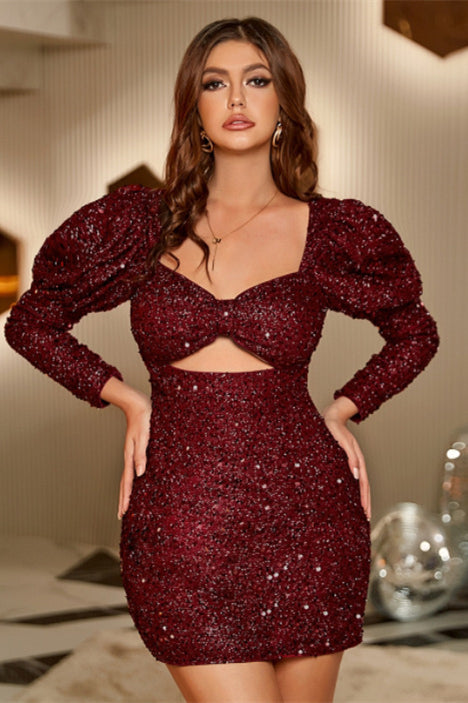 Burgundy Sequins Bow Bust Long Sleeves Cut-Out Homecoming Dress