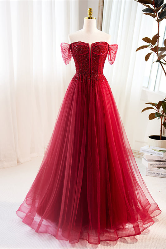 Red Off-Shoulder Beaded A-line Tulle Long Prom Dress