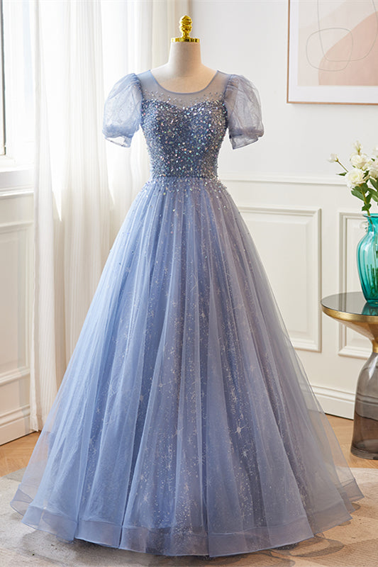 Blue Illusion Neck Puff Sleeves A-line Sequined Long Prom Dress