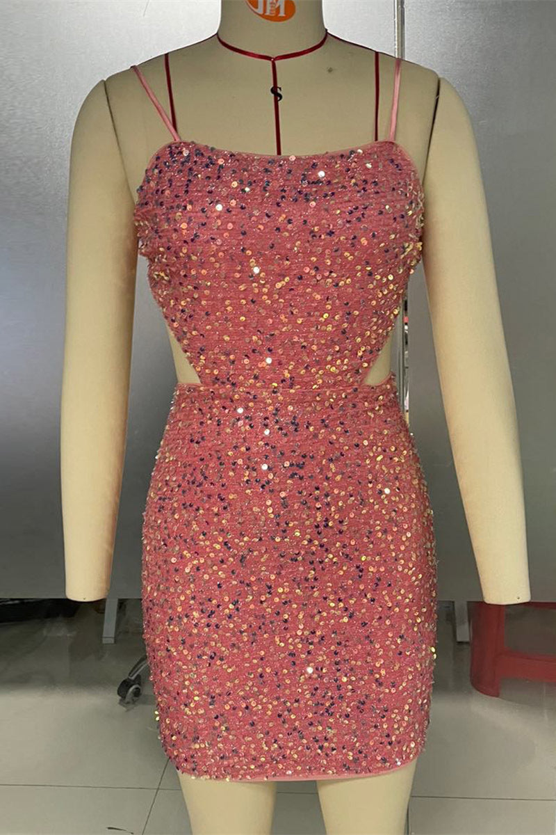 Pink Lace-Up Sequins Backless Sheath Homecoming Dress