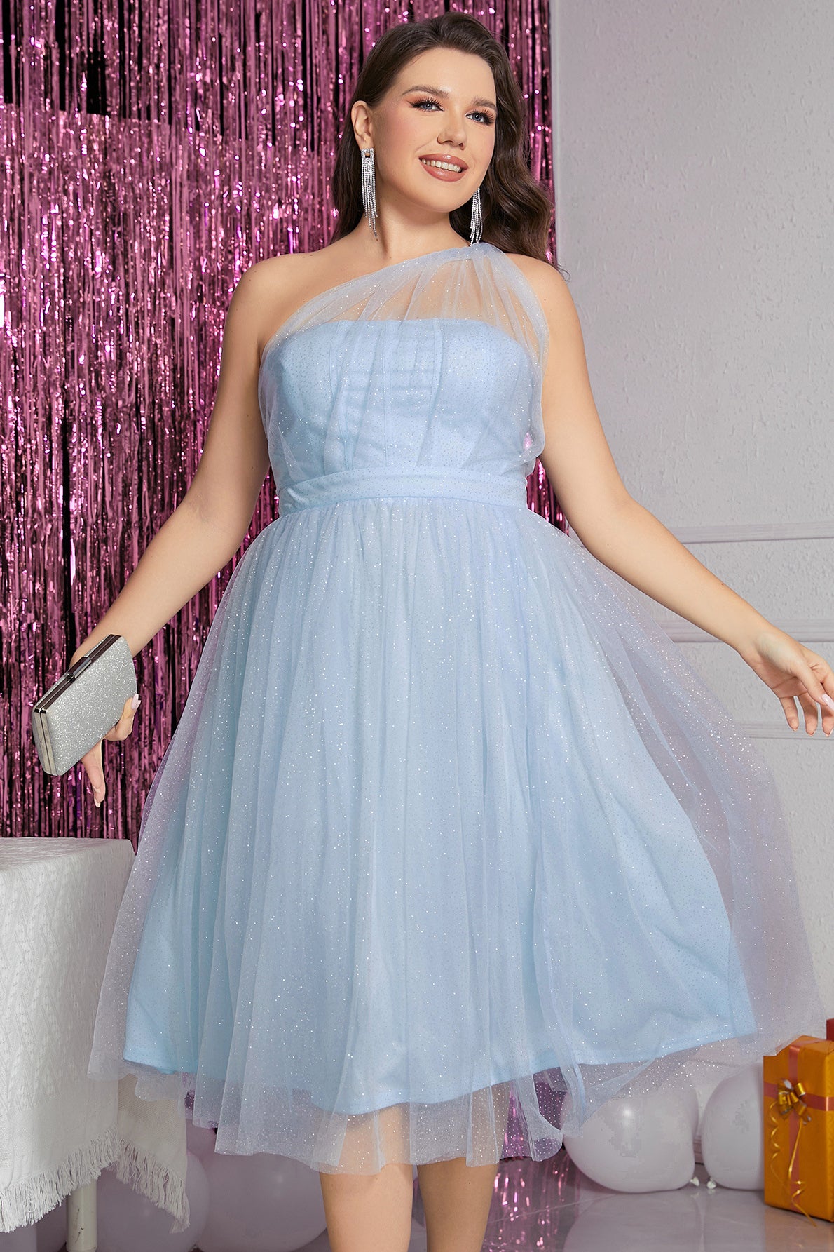 Sparkly Light Blue Illusion One Shoulder Tulle Homecoming Dress