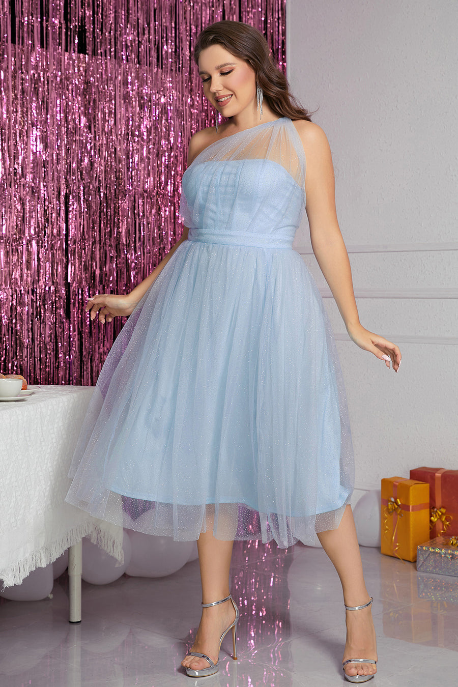 Sparkly Light Blue Illusion One Shoulder Tulle Homecoming Dress