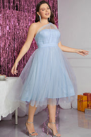 Sparkly Light Blue Illusion One Shoulder Tulle Homecoming Dress