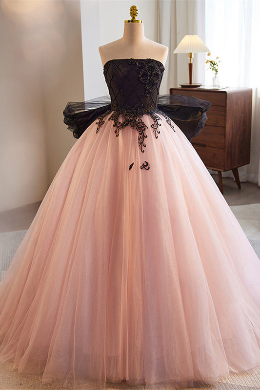 Pink A-line Strapless Black Top Floral Appliques Long Prom Dress