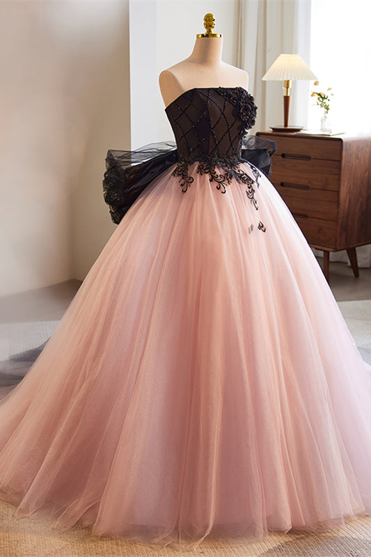 Pink A-line Strapless Black Top Floral Appliques Long Prom Dress