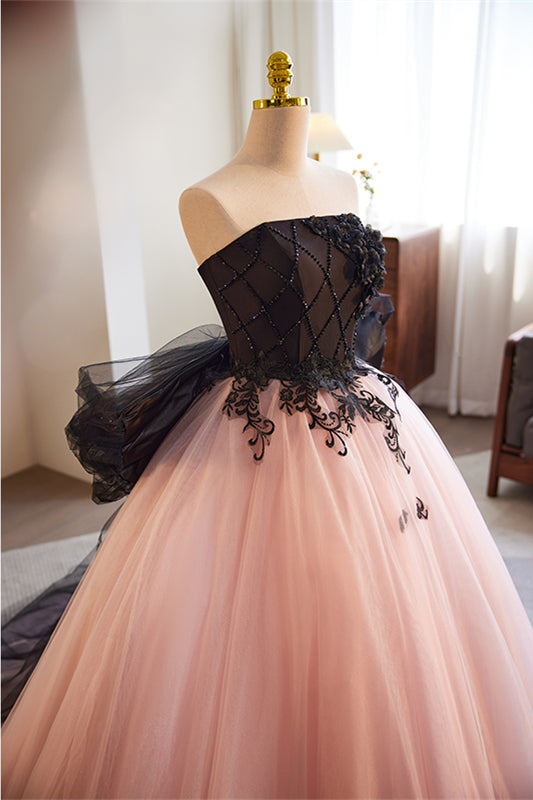black dress top Black and Pink Tulle Lace Long Prom Dress, A-Line Strapless Evening Sweet 16 Dress US 6 / Black and Pink