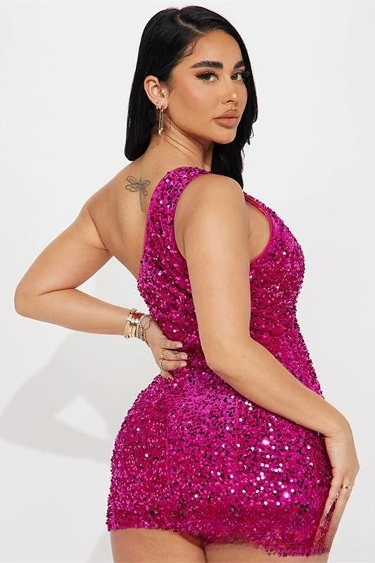 Rose Pink One Shoulder Sequins Sheath Homecoming Dress