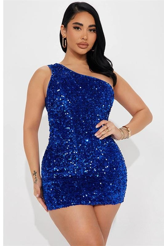 Royal Blue One Shoulder Sequins Sheath Homecoming Dress