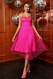Hot Pink Ruffle Crossed Straps Knee-Length Homecoming Dress