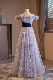 Lavender Off-the-Shoulder  Flowers A-line Lace-Up Long Prom Dress