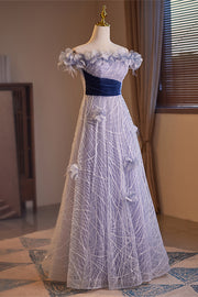 Lavender Off-the-Shoulder  Flowers A-line Lace-Up Long Prom Dress