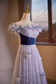 Lavender Off-the-Shoulder  Flowers A-line Lace-Up Long Prom Dress