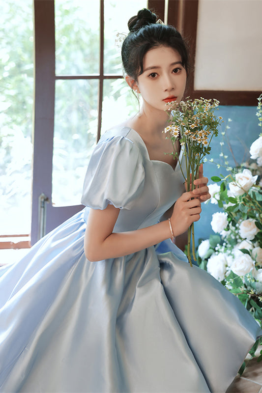 light blue dress puffy sleeves Light Blue Satin Hi-Low Puff Sleeves Homecoming Dress Light Blue / US 10
