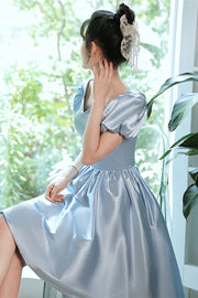 Light Blue Satin Hi-Low Puff Sleeves Homecoming Dress