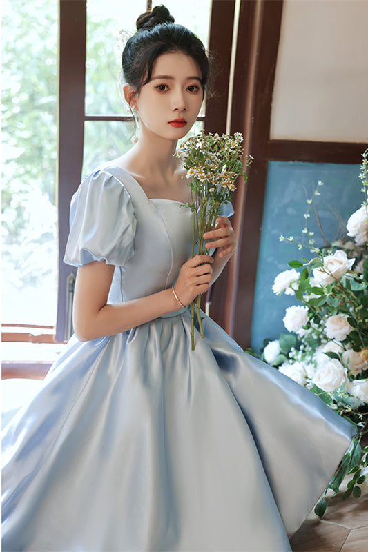 Light Blue Satin Hi-Low Puff Sleeves Homecoming Dress Light Blue / US 10 Light Blue Satin Hi-Low Puff Sleeves Homecoming Dress Light Blue / US 10