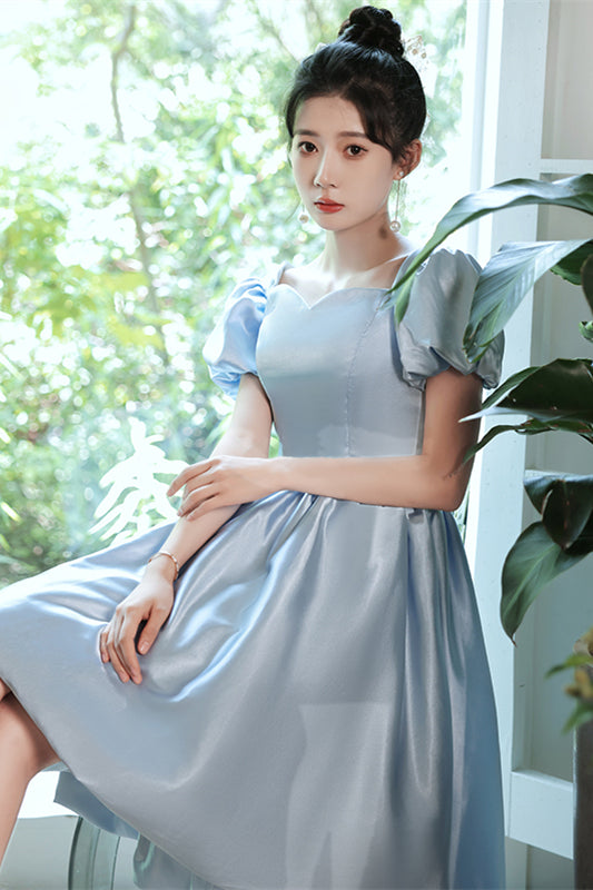 Light Blue Satin Hi-Low Puff Sleeves Homecoming Dress