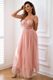 Pink Bow Tie Shoulder A-line Beaded Long Prom Dress