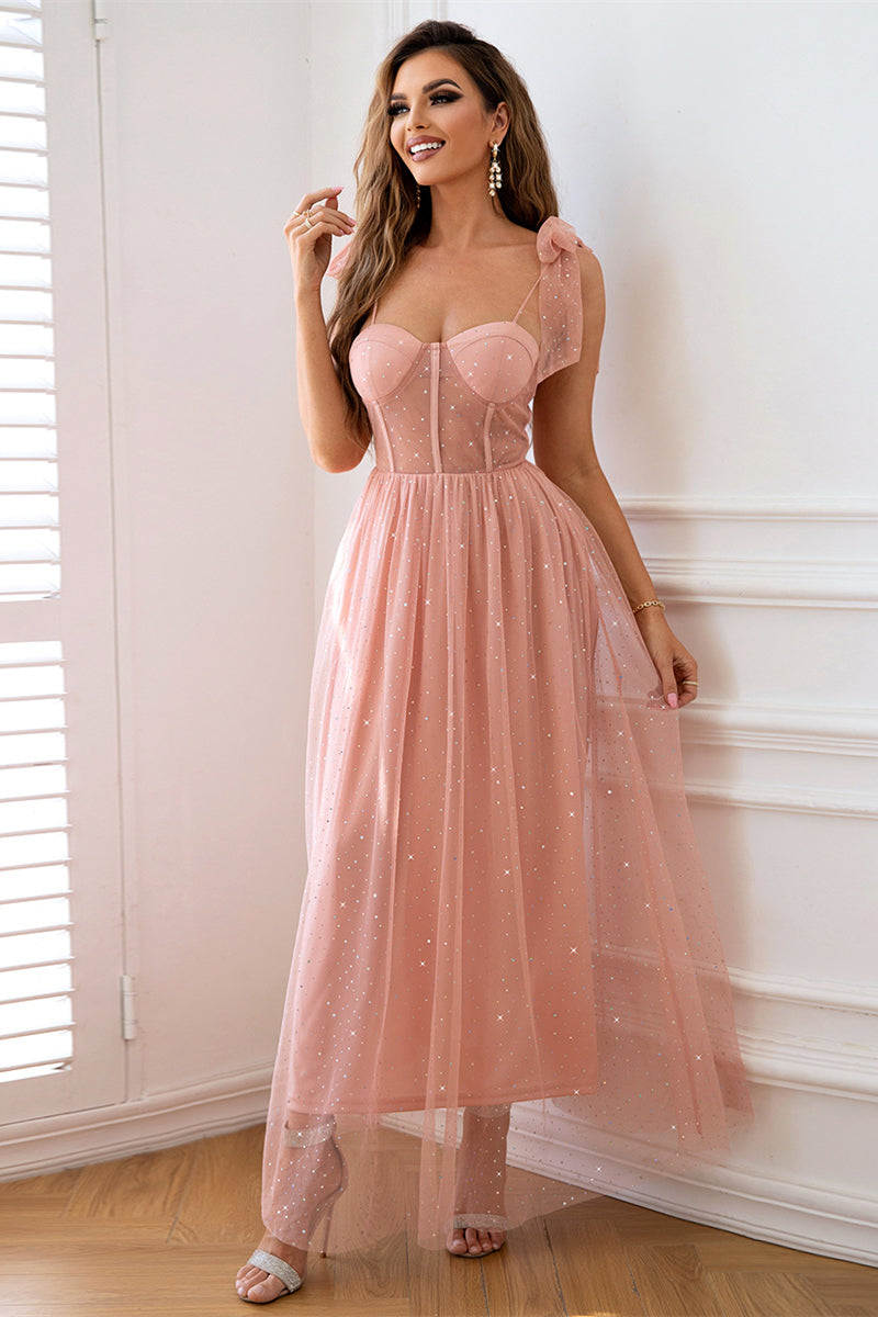 Pink Bow Tie Shoulder A-line Beaded Long Prom Dress