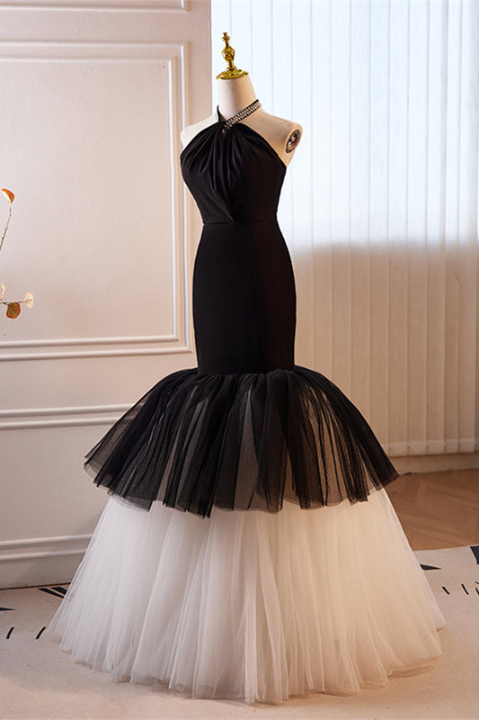 Herbene Black Halter Mermaid Tulle Long Prom Dress