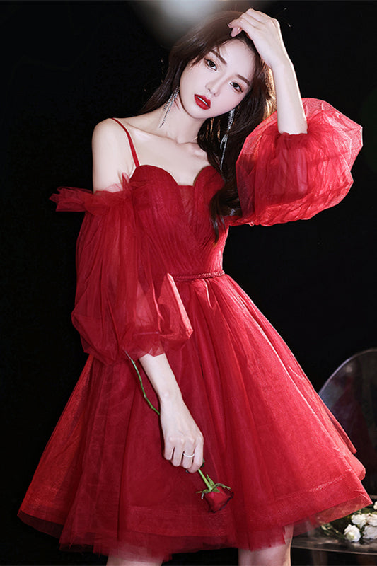 Red Lace-Up Off-the-Shoulder Tulle Homecoming Dress
