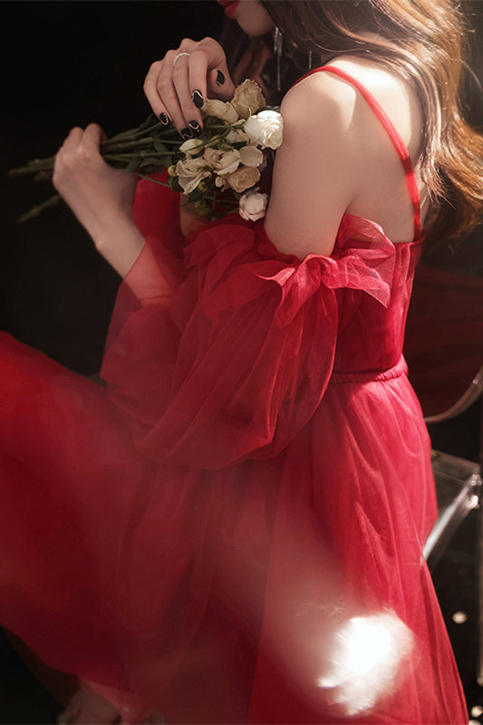 Red Lace-Up Off-the-Shoulder Tulle Homecoming Dress