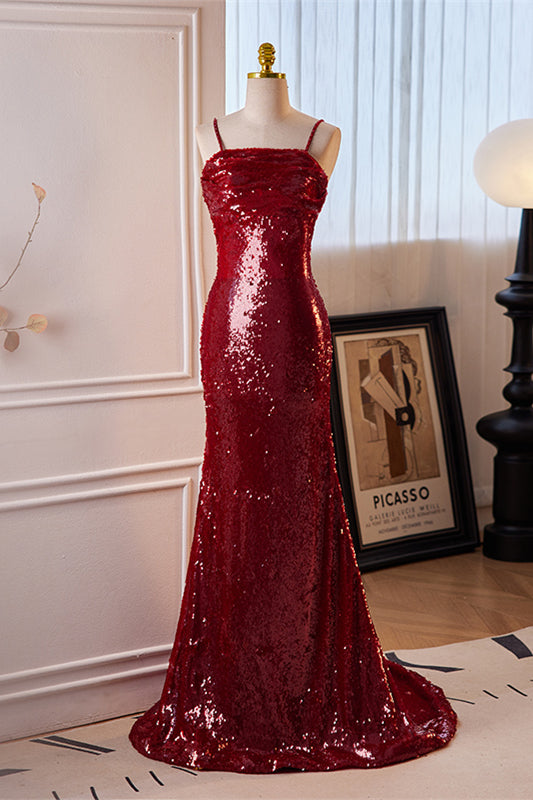 Red Sequins Mermaid Straps Lace-Up Long Prom Dress Red / US 10 Red Sequins Mermaid Straps Lace-Up Long Prom Dress Red / US 10