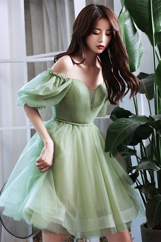 Sage Green Puff Sleeves Tulle Lace-Up Homecoming Dress