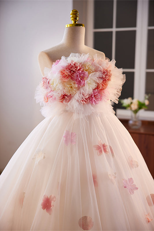 White Ruffled Strapless Floral A-line Tulle Long Prom Dress