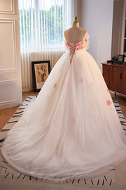 White Ruffled Strapless Floral A-line Tulle Long Prom Dress