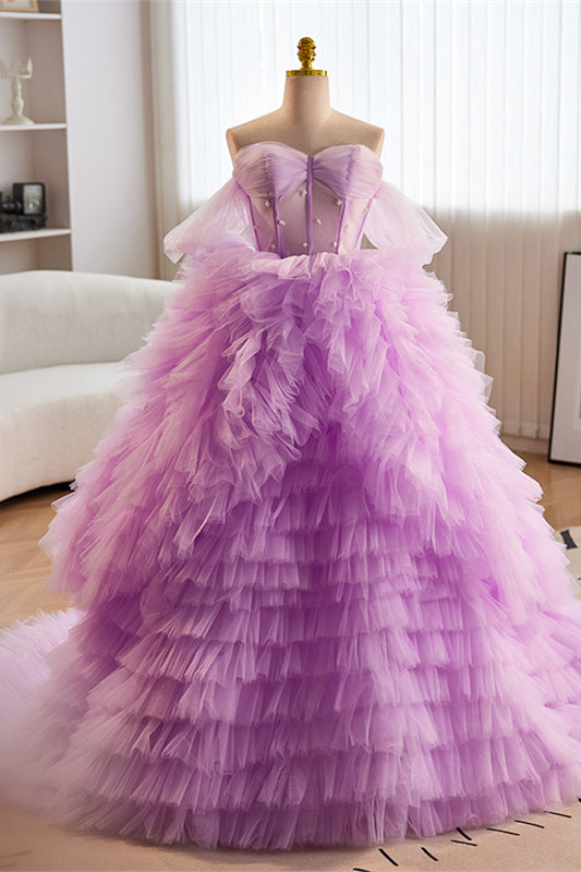 Lavender Off-Shoulder A-line Multi-Layers  Long Prom Dress